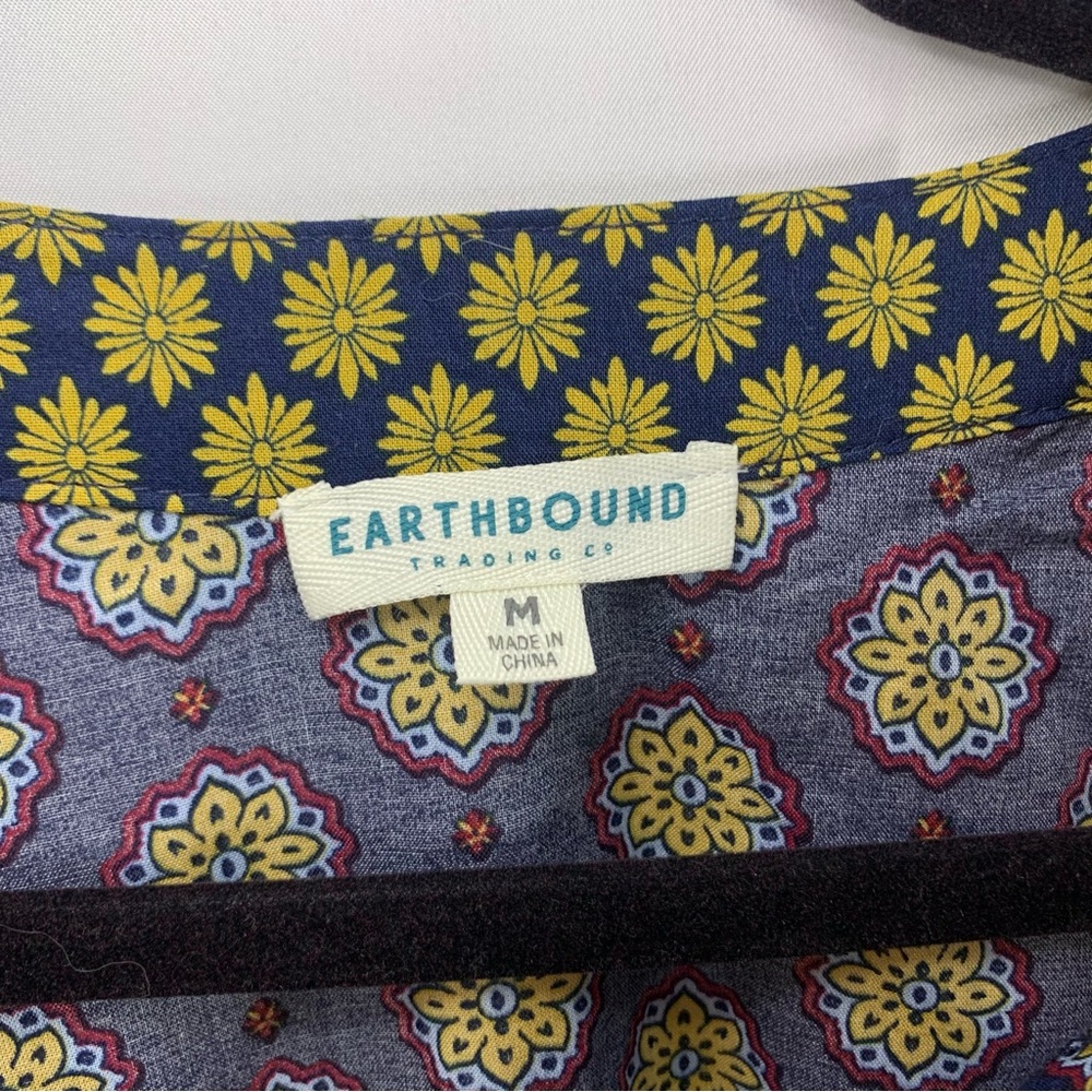 Earthbound Trading Co. Mixed Print Boho Tiered Cotton Navy Peasant Tunic, size M - Picture 3 of 12